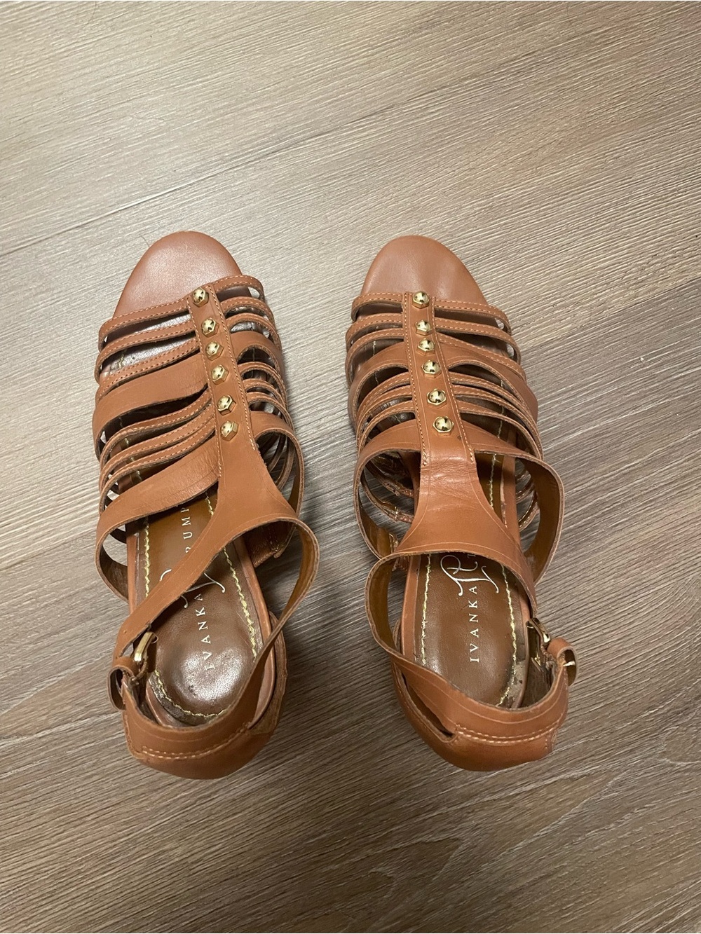 Ivanka Trump Brown Strappy Sandals with Gold Stud Accents
